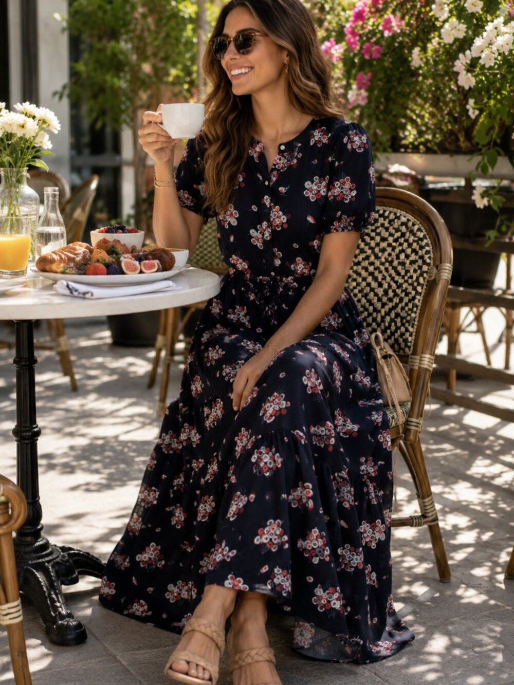 LOFT Dark Navy Floral Maxi Dress  Cinch Waist Tie Boho Cottagecore Maxi Sz 10